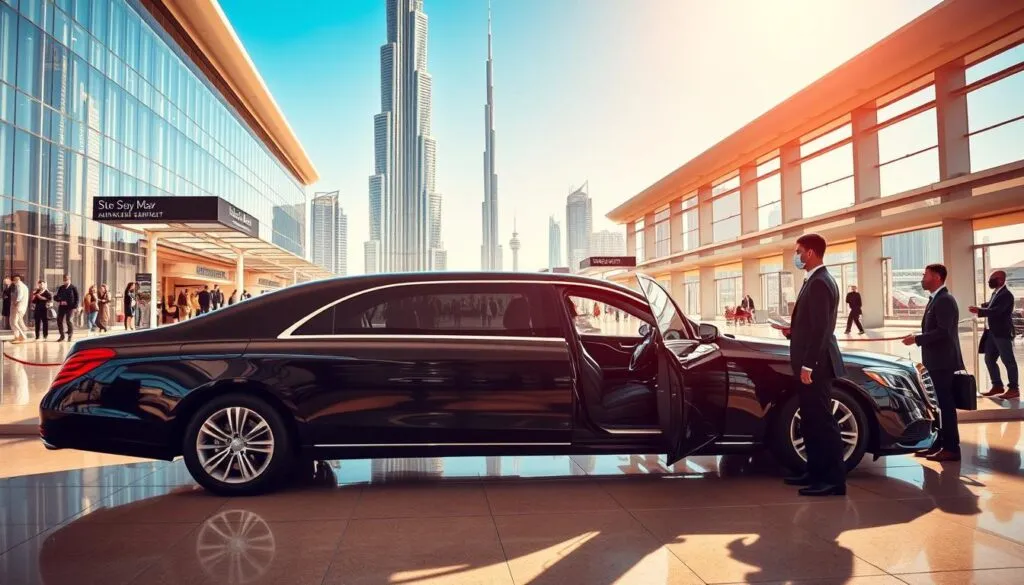 A luxurious scene showcasing a high-end airport chauffeur service in Dubai. In the foreground, a sleek black luxury sedan is parked elegantly, with well-dressed chauffeurs in professional attire standing beside it, ready to assist passengers. The middle ground features a bustling airport terminal with travelers dressed in smart, modest casual clothing, and shimmering glass architecture that reflects sunlight. In the background, iconic Dubai skyscrapers like the Burj Khalifa soar against a clear blue sky, emphasizing the city’s modern elegance. The lighting is bright and warm, highlighting the opulence of the setting, with a focus on the plush interiors of the vehicle. The atmosphere conveys sophistication and the excitement of seamless luxury travel. A luxurious scene showcasing a high-end airport chauffeur service in Dubai. In the foreground, a sleek black luxury sedan is parked elegantly, with well-dressed chauffeurs in professional attire standing beside it, ready to assist passengers. The middle ground features a bustling airport terminal with travelers dressed in smart, modest casual clothing, and shimmering glass architecture that reflects sunlight. In the background, iconic Dubai skyscrapers like the Burj Khalifa soar against a clear blue sky, emphasizing the city’s modern elegance. The lighting is bright and warm, highlighting the opulence of the setting, with a focus on the plush interiors of the vehicle. The atmosphere conveys sophistication and the excitement of seamless luxury travel.