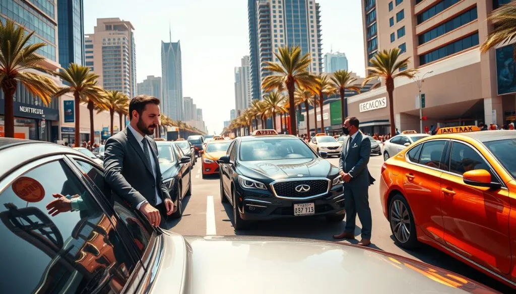 A bustling street scene in Dubai showcasing the personal driver market. In the foreground, a well-dressed professional, wearing business attire, interacts with a luxury car, with a personal driver in a neat uniform standing nearby. The middle ground features various high-end vehicles, including sedans and SUVs, parked along a vibrant, modern street filled with people and taxi cabs. The background displays iconic Dubai architecture, including skyscrapers and palm trees under a bright blue sky. The lighting is warm and sunny, creating a vibrant atmosphere. The angle captures the energy of the market, emphasizing luxury and professionalism in personal driving services. A bustling street scene in Dubai showcasing the personal driver market. In the foreground, a well-dressed professional, wearing business attire, interacts with a luxury car, with a personal driver in a neat uniform standing nearby. The middle ground features various high-end vehicles, including sedans and SUVs, parked along a vibrant, modern street filled with people and taxi cabs. The background displays iconic Dubai architecture, including skyscrapers and palm trees under a bright blue sky. The lighting is warm and sunny, creating a vibrant atmosphere. The angle captures the energy of the market, emphasizing luxury and professionalism in personal driving services.