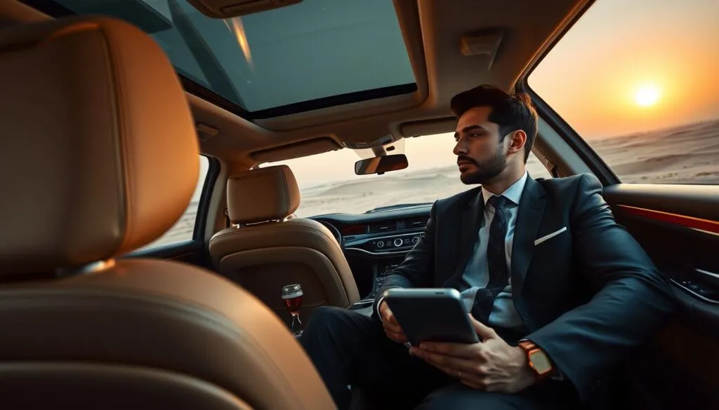 A cozy interior of a luxury vehicle, showcasing an elegant driver’s seat with soft leather upholstery and plush, inviting textures. In the foreground, a professional male driver in a smart business suit, attentively watching the road, embodies confidence and comfort. The middle ground features a spacious cabin with ambient lighting that highlights the serene environment, along with refreshments and a tablet displaying a navigation app. The background reveals a scenic view of the UAE's arid landscape, with distant sand dunes and a setting sun casting a warm golden glow across the horizon. The overall mood is relaxed and sophisticated, emphasizing the high level of comfort and professionalism in long-distance driver services, captured from a slight angle that invites the viewer into this luxurious experience.