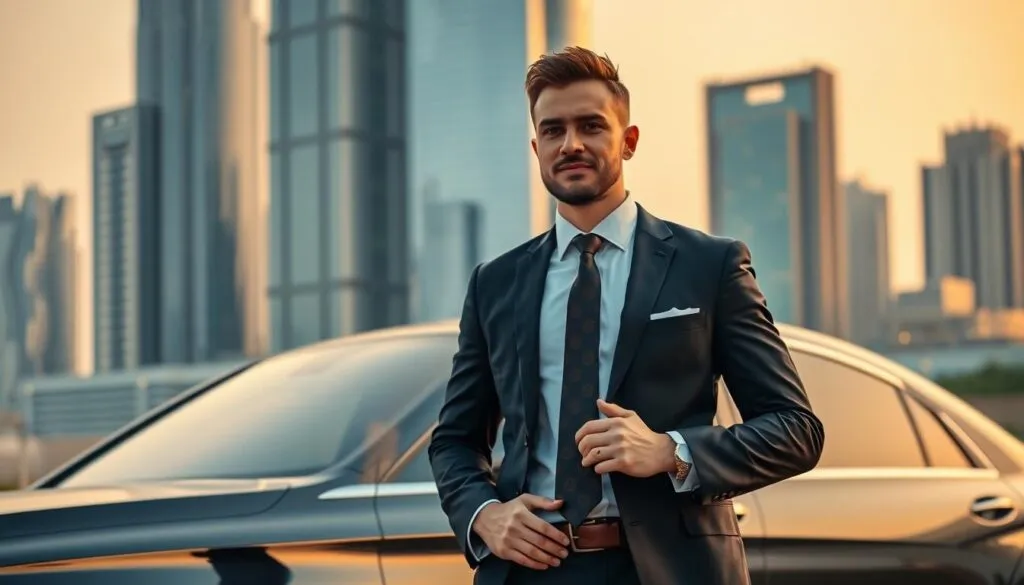 A professional personal driver in Dubai, dressed in a smart, tailored suit and sleek tie, stands by an elegant luxury sedan. The driver exudes confidence and attentiveness, ready to assist. In the background, the iconic skyline of Dubai showcases modern skyscrapers, shimmering glass reflecting the golden hues of the sunset. Soft, warm lighting bathes the scene, creating a welcoming and upscale atmosphere. The lens captures a medium shot from a slightly elevated angle, emphasizing the contrast between the polished vehicle and the bustling city. The mood is sophisticated yet inviting, highlighting the essence of personal driving services in this vibrant metropolis.