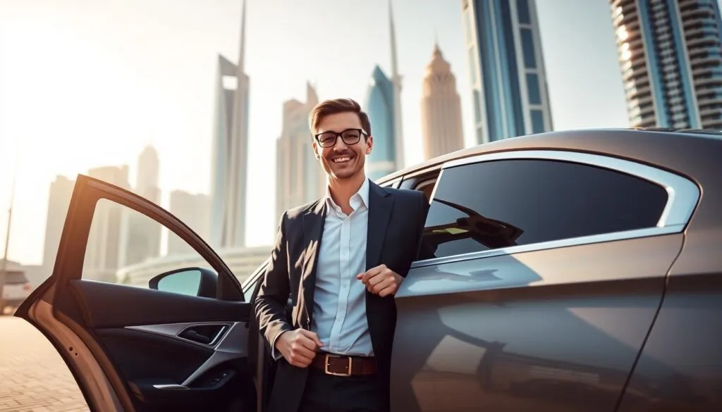 A professional driver in smart business attire, smiling as they stand beside a sleek, modern luxury car with Dubai's iconic skyline in the background, showcasing upscale buildings and vibrant city life. The foreground features the driver holding the car door open, inviting a professional-looking passenger, dressed in business casual attire, to enter the vehicle. Bright, warm sunlight bathes the scene, creating a welcoming atmosphere. The camera angle is slightly low, giving prominence to the driver and car while capturing the majestic Dubai buildings seamlessly. The mood is efficient and sophisticated, encapsulating reliability and professionalism, perfect for leisurely or business travel in Dubai. A professional driver in smart business attire, smiling as they stand beside a sleek, modern luxury car with Dubai's iconic skyline in the background, showcasing upscale buildings and vibrant city life. The foreground features the driver holding the car door open, inviting a professional-looking passenger, dressed in business casual attire, to enter the vehicle. Bright, warm sunlight bathes the scene, creating a welcoming atmosphere. The camera angle is slightly low, giving prominence to the driver and car while capturing the majestic Dubai buildings seamlessly. The mood is efficient and sophisticated, encapsulating reliability and professionalism, perfect for leisurely or business travel in Dubai.