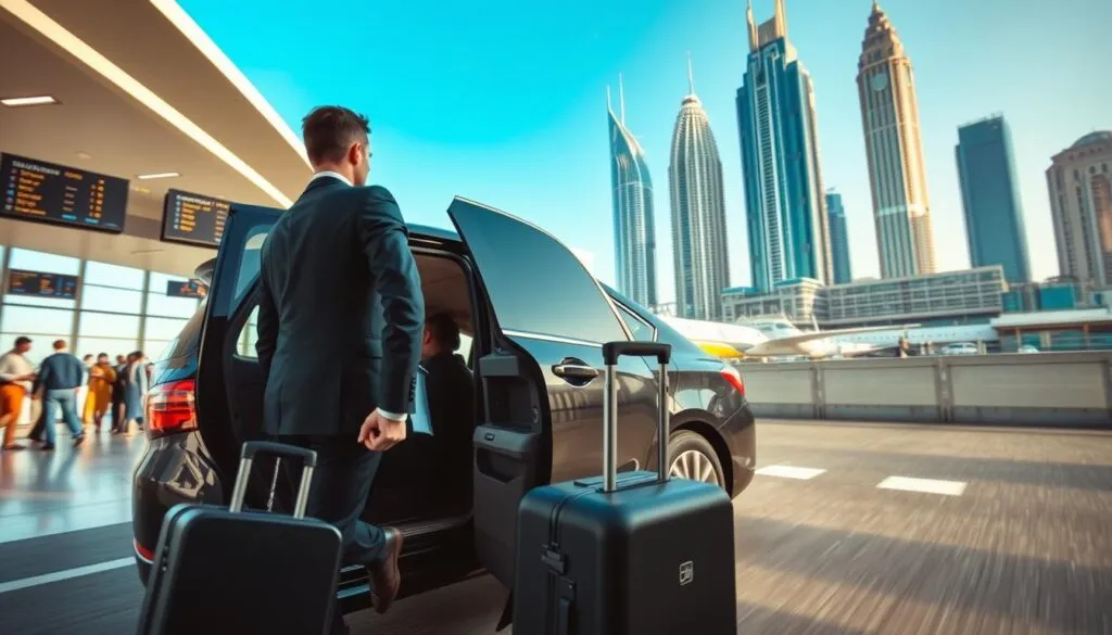 A dynamic scene depicting the importance of airport transfers from Dubai to Abu Dhabi. In the foreground, a professional, well-dressed business person, carrying a suitcase, is entering a sleek, modern vehicle with a driver dressed in formal attire, ready to assist. The middle layer includes a bustling airport terminal with travelers checking in and an information board displaying flight details, infused with a sense of urgency. In the background, the iconic skyline of Dubai, featuring towering skyscrapers under a clear blue sky, adds to the atmosphere, suggesting rapid movement. Soft, natural lighting enhances the scene, creating a welcoming ambience. The perspective is slightly angled, emphasizing the seamless transition from the airport to the vehicle, illustrating the reliability and efficiency of airport transfers.