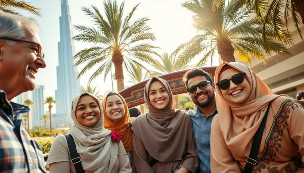 A vibrant family enjoying a city tour in Dubai, showcasing the iconic Burj Khalifa and traditional souks in the background. In the foreground, a multicultural family of four, dressed in modest casual clothing, smiles as they interact with a friendly tour guide. The middle layer features a luxurious tour bus adorned with local decorations, surrounded by lush greenery and palm trees. Sunlight filters through the scene, casting a warm glow, creating a welcoming atmosphere. The angle is slightly elevated, capturing the joy of exploration and the fusion of modernity and tradition in Dubai, with a focus on family bonding and memorable experiences. The overall mood is cheerful and inviting, inspiring viewers to envision their own family adventure. A vibrant family enjoying a city tour in Dubai, showcasing the iconic Burj Khalifa and traditional souks in the background. In the foreground, a multicultural family of four, dressed in modest casual clothing, smiles as they interact with a friendly tour guide. The middle layer features a luxurious tour bus adorned with local decorations, surrounded by lush greenery and palm trees. Sunlight filters through the scene, casting a warm glow, creating a welcoming atmosphere. The angle is slightly elevated, capturing the joy of exploration and the fusion of modernity and tradition in Dubai, with a focus on family bonding and memorable experiences. The overall mood is cheerful and inviting, inspiring viewers to envision their own family adventure.