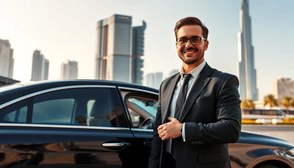 A professional chauffeur in a sleek black suit stands confidently next to a luxury sedan parked in front of a modern Dubai skyline, with skyscrapers gleaming under the bright sun. In the foreground, the chauffeur is holding the car door open, showcasing a warm, welcoming expression. In the middle ground, the polished vehicle reflects the vibrant colors of the city, and hints of palm trees and luxury hotels provide context to the location. In the background, the iconic Burj Khalifa towers majestically against a clear blue sky. Soft, natural lighting enhances the scene, creating an inviting and trustworthy atmosphere. The image conveys professionalism, reliability, and the essence of premium travel services. A professional chauffeur in a sleek black suit stands confidently next to a luxury sedan parked in front of a modern Dubai skyline, with skyscrapers gleaming under the bright sun. In the foreground, the chauffeur is holding the car door open, showcasing a warm, welcoming expression. In the middle ground, the polished vehicle reflects the vibrant colors of the city, and hints of palm trees and luxury hotels provide context to the location. In the background, the iconic Burj Khalifa towers majestically against a clear blue sky. Soft, natural lighting enhances the scene, creating an inviting and trustworthy atmosphere. The image conveys professionalism, reliability, and the essence of premium travel services.
