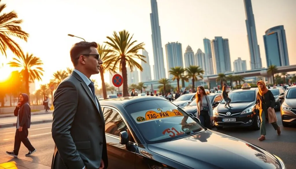 A bustling Dubai street scene at dawn, showcasing a modern skyline featuring iconic buildings like the Burj Khalifa. In the foreground, a professional-looking individual in business attire is waiting beside a sleek, luxurious car, representing the need for reliable transport. The middle ground includes a diverse group of commuters, some hailing taxis and others enjoying the efficiency of ride-sharing services, illuminated by soft morning light. The background is vibrant, with palm trees swaying gently against the warm hues of the rising sun, suggesting a feeling of optimism. The angle captures a dynamic view that emphasizes the importance of dependable transport in this fast-paced city, evoking a sense of urgency balanced with elegance. The overall mood is energetic and professional, highlighting Dubai as a hub of opportunity. A bustling Dubai street scene at dawn, showcasing a modern skyline featuring iconic buildings like the Burj Khalifa. In the foreground, a professional-looking individual in business attire is waiting beside a sleek, luxurious car, representing the need for reliable transport. The middle ground includes a diverse group of commuters, some hailing taxis and others enjoying the efficiency of ride-sharing services, illuminated by soft morning light. The background is vibrant, with palm trees swaying gently against the warm hues of the rising sun, suggesting a feeling of optimism. The angle captures a dynamic view that emphasizes the importance of dependable transport in this fast-paced city, evoking a sense of urgency balanced with elegance. The overall mood is energetic and professional, highlighting Dubai as a hub of opportunity.