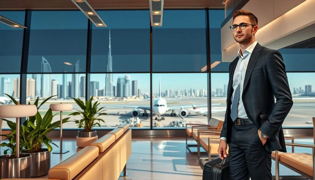 A sleek, modern business traveler stands at a stylish airport lounge, dressed in professional business attire, waiting for a flight from Dubai to Sharjah. The foreground features a polished, contemporary seating area with lush plants and stylish fixtures. In the middle, large windows showcase the stunning skyline of Dubai, with iconic structures like the Burj Khalifa shimmering in the sunlight. The background reveals a jet preparing for departure on the runway with the Sharjah skyline visible in the distance. The lighting is bright and inviting, accentuating the upscale atmosphere of the lounge. The image conveys a sense of efficiency and ease in business travel, reflecting a professional and sophisticated mood. The angle is slightly elevated, providing a comprehensive view of the scene without any distractions or text. A sleek, modern business traveler stands at a stylish airport lounge, dressed in professional business attire, waiting for a flight from Dubai to Sharjah. The foreground features a polished, contemporary seating area with lush plants and stylish fixtures. In the middle, large windows showcase the stunning skyline of Dubai, with iconic structures like the Burj Khalifa shimmering in the sunlight. The background reveals a jet preparing for departure on the runway with the Sharjah skyline visible in the distance. The lighting is bright and inviting, accentuating the upscale atmosphere of the lounge. The image conveys a sense of efficiency and ease in business travel, reflecting a professional and sophisticated mood. The angle is slightly elevated, providing a comprehensive view of the scene without any distractions or text.