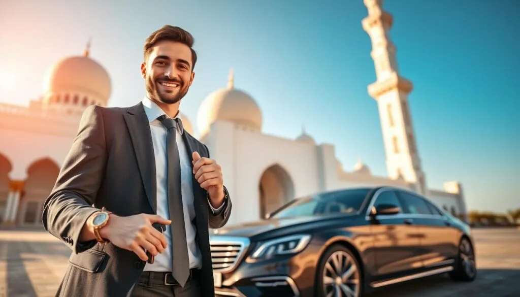 A professional male driver in smart business attire, smiling and holding car keys, stands next to a spacious, modern sedan parked beside the iconic Sheikh Zayed Grand Mosque in Abu Dhabi. In the foreground, the driver radiates reliability and professionalism, while the middle ground features the elegant vehicle gleaming under the warm golden sunlight. In the background, the stunning architecture of the mosque contrasts against a clear blue sky, evoking a sense of safety and sophistication. The scene is bathed in soft, natural lighting that highlights the driver’s confident demeanor, creating an inviting atmosphere for travelers. The angle captures both the driver and the mosque, emphasizing the seamless blend of service and cultural beauty in Abu Dhabi.