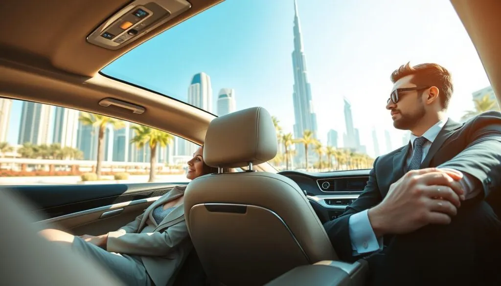 A luxurious scene depicting the convenience of hiring a personal driver in Dubai. In the foreground, a well-dressed female passenger, wearing stylish business attire, relaxes in the plush interior of a high-end sedan, reclining in comfort. In the middle ground, a professional male driver in a sharp suit is seen in profile, focused on the road as he navigates through Dubai’s iconic skyline. The background showcases the stunning Burj Khalifa and other skyscrapers under a bright blue sky, with palm trees lining the street. Soft, natural lighting enhances the vibrant colors of the scene, capturing the luxury and ease of having a personal driver. The mood is relaxed and sophisticated, emphasizing the benefits of convenience and comfort.