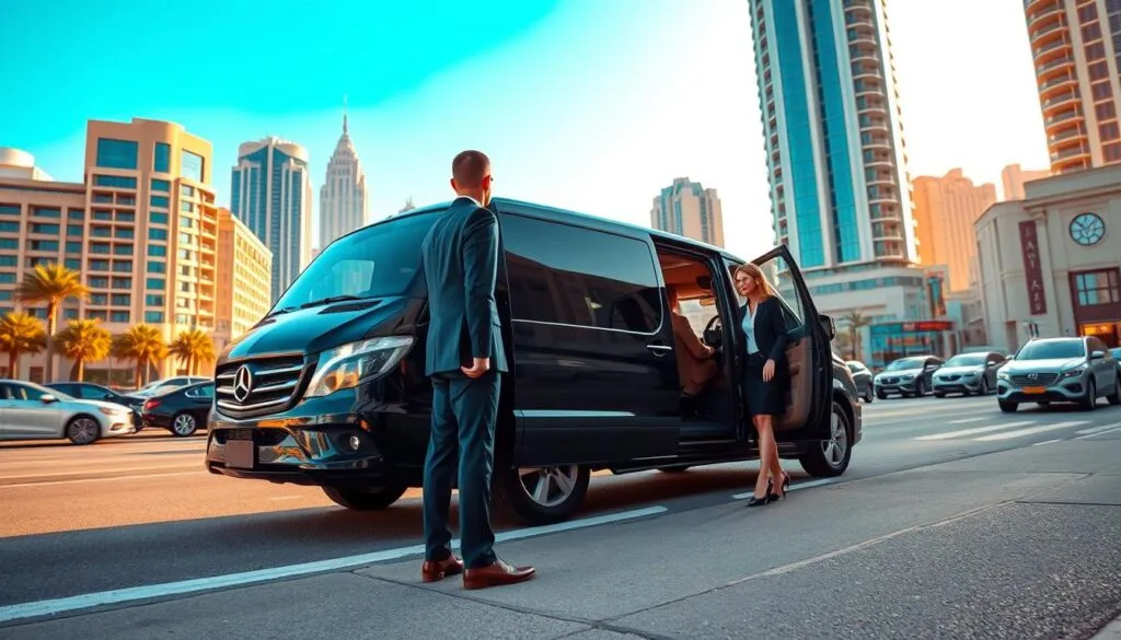 A sleek, modern corporate transfer vehicle parked in front of a high-rise office building in Dubai. In the foreground, a professional driver in a crisp suit stands by the open door, welcoming a well-dressed businesswoman and businessman, both in business attire, as they prepare to enter the vehicle. In the middle ground, a busy urban street showcases a mix of luxury cars and pedestrians, reflecting the hustle of corporate life. The background features iconic Dubai architecture under a clear blue sky, bathed in warm afternoon sunlight. The scene conveys a sense of reliability and professionalism, highlighting the importance of efficient transportation in corporate transfers. The overall mood is dynamic yet sophisticated, capturing the essence of business travel.