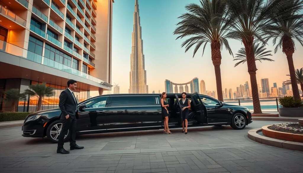 A luxurious hotel transportation scene in Dubai, showcasing an elegant black limousine parked outside a lavish hotel with stunning modern architecture. In the foreground, there are well-dressed professional drivers, wearing suits and ties, ready to assist guests. The middle ground features opulent guests stepping out of the limousine, dressed in chic and stylish business attire. Bright, warm lighting enhances the rich colors of the scene, evoking a sense of comfort and sophistication. The background reveals the iconic skyline of Dubai, with the Burj Khalifa towering majestically against a clear blue sky at golden hour. Capture a feeling of exclusivity and high-class service, emphasizing the ultimate comfort of luxury hotel transportation.