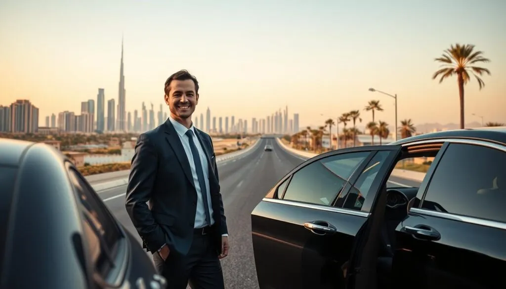 A serene scene depicting the benefits of hiring a private driver for travel from Dubai to Sharjah. In the foreground, a professional-looking driver dressed in a smart suit is standing beside a luxury sedan, smiling courteously as he opens the door for a business traveler in professional attire. In the middle, a scenic highway stretches out, showcasing beautiful views of both urban and desert landscapes. The background features iconic Dubai skyscrapers transitioning into the more traditional architecture of Sharjah, with palm trees lining the road. Soft, golden hour lighting bathes the scene in warmth, creating a relaxed and inviting atmosphere. The image should evoke a sense of comfort, reliability, and sophistication in private travel. A serene scene depicting the benefits of hiring a private driver for travel from Dubai to Sharjah. In the foreground, a professional-looking driver dressed in a smart suit is standing beside a luxury sedan, smiling courteously as he opens the door for a business traveler in professional attire. In the middle, a scenic highway stretches out, showcasing beautiful views of both urban and desert landscapes. The background features iconic Dubai skyscrapers transitioning into the more traditional architecture of Sharjah, with palm trees lining the road. Soft, golden hour lighting bathes the scene in warmth, creating a relaxed and inviting atmosphere. The image should evoke a sense of comfort, reliability, and sophistication in private travel.