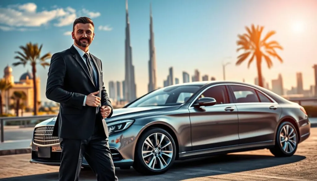 A professional chauffeur standing next to a sleek luxury vehicle in a high-end Dubai setting, showcasing the essence of a premium chauffeur service. The foreground features the chauffeur in a tailored black suit, holding the car door open with a welcoming gesture. In the middle ground, a modern luxury sedan gleams under the warm, golden sunlight illuminating the Dubai skyline. The background displays iconic landmarks such as the Burj Khalifa and the vibrant cityscape, with palm trees swaying gently in the breeze. The atmosphere is sophisticated and inviting, capturing the essence of reliability and safety in transportation. The image is well-lit, emphasizing the shiny vehicle and the chauffeur's professional demeanor, with a shallow depth of field to focus on the subjects. A professional chauffeur standing next to a sleek luxury vehicle in a high-end Dubai setting, showcasing the essence of a premium chauffeur service. The foreground features the chauffeur in a tailored black suit, holding the car door open with a welcoming gesture. In the middle ground, a modern luxury sedan gleams under the warm, golden sunlight illuminating the Dubai skyline. The background displays iconic landmarks such as the Burj Khalifa and the vibrant cityscape, with palm trees swaying gently in the breeze. The atmosphere is sophisticated and inviting, capturing the essence of reliability and safety in transportation. The image is well-lit, emphasizing the shiny vehicle and the chauffeur's professional demeanor, with a shallow depth of field to focus on the subjects.