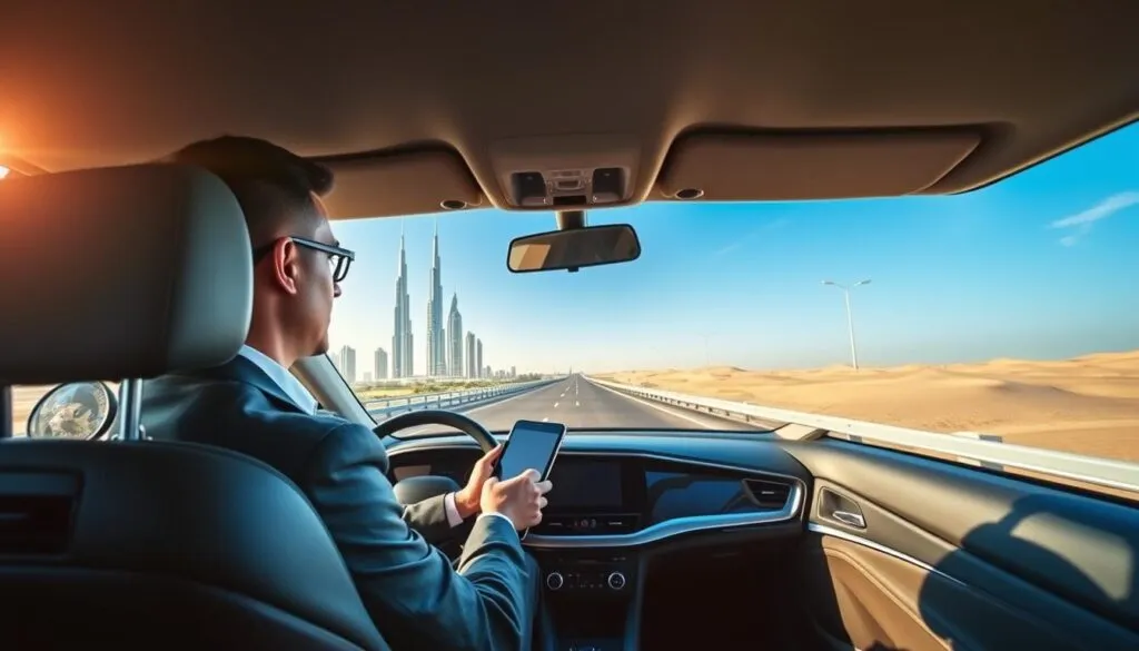 A professional driver in a sleek, modern vehicle is parked on a bustling highway connecting Dubai to Sharjah, symbolizing reliability and trust. The foreground features the driver's confident posture, wearing smart business attire, as he reviews transfer schedules on a tablet. In the middle ground, depict iconic Dubai skyscrapers and the road leading towards Sharjah, showcasing a clear, blue sky with soft sunlight illuminating the scene. The background highlights distant sand dunes, evoking a sense of journey and destination. The overall atmosphere is one of professionalism and efficiency, with vibrant yet calm colors. Use a wide-angle lens perspective to create a dynamic view, capturing the essence of reliable transportation services in the UAE landscape.