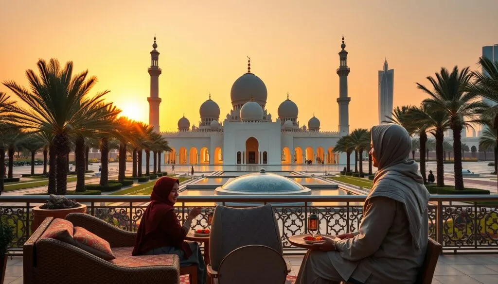 A serene and vibrant scene capturing a weekend getaway in Abu Dhabi. In the foreground, feature a couple in modest casual attire, enjoying a traditional Emirati meal on a picturesque terrace adorned with colorful cushions and ornate lanterns. In the middle, showcase the iconic Sheikh Zayed Grand Mosque, its grand white domes and minarets reflecting the warm golden glow of a sunset. Surrounding the mosque, add lush palm trees and a tranquil water feature, enhancing the sense of luxury and relaxation. In the background, include the modern skyline of Abu Dhabi, shimmering in the evening light, with hints of the Arabian desert. Use soft, warm lighting to convey a welcoming and peaceful atmosphere, emphasizing the allure of Abu Dhabi as a perfect weekend destination.