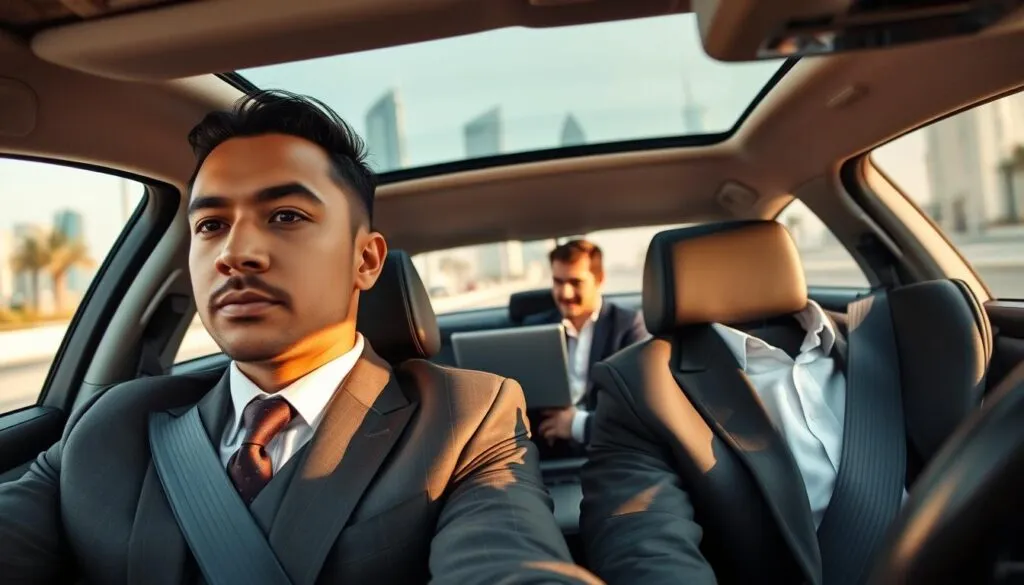 A professional personal driver, dressed in a sharp, tailored uniform, sits confidently behind the wheel of a luxury sedan. In the foreground, the driver is looking straight ahead with a focused expression, symbolizing reliability and trust. In the middle ground, a well-dressed passenger, appearing relaxed and comfortable, is seated in the rear, enjoying the ride while working on a laptop. The background features the iconic skyline of Dubai, with modern skyscrapers and palm trees visible. Soft, natural lighting illuminates the scene, creating a warm atmosphere. The angle captures both the driver and the passenger, emphasizing the partnership and importance of a personal driver in ensuring a smooth and efficient daily commute. The mood conveys professionalism and dependability.