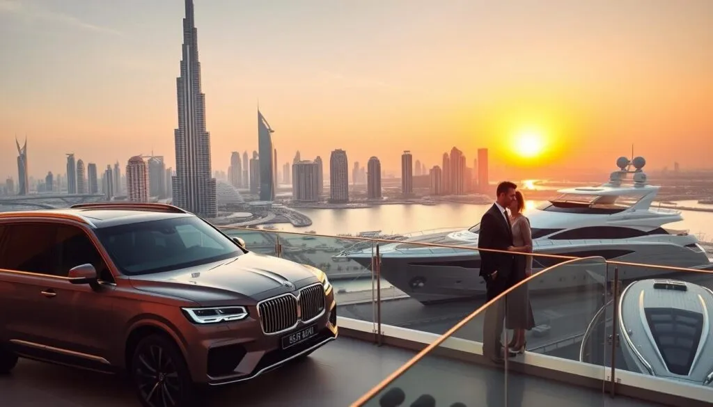 A luxurious scene depicting the benefits of Dubai luxury tours. In the foreground, a stylish couple in professional business attire enjoy a scenic view from a private balcony overlooking the iconic Burj Khalifa and Dubai Marina. In the middle ground, a lavish SUV and a luxury yacht are parked, symbolizing comfort and exclusivity. In the background, a vibrant sunset casts warm golden hues across the skyline, while the city's modern architecture glimmers. The atmosphere is opulent and serene, evoking feelings of relaxation and pleasure. Soft, ambient lighting enhances the richness of the scene, captured from a slightly elevated angle to provide a sweeping perspective of the extraordinary landscape. A luxurious scene depicting the benefits of Dubai luxury tours. In the foreground, a stylish couple in professional business attire enjoy a scenic view from a private balcony overlooking the iconic Burj Khalifa and Dubai Marina. In the middle ground, a lavish SUV and a luxury yacht are parked, symbolizing comfort and exclusivity. In the background, a vibrant sunset casts warm golden hues across the skyline, while the city's modern architecture glimmers. The atmosphere is opulent and serene, evoking feelings of relaxation and pleasure. Soft, ambient lighting enhances the richness of the scene, captured from a slightly elevated angle to provide a sweeping perspective of the extraordinary landscape.