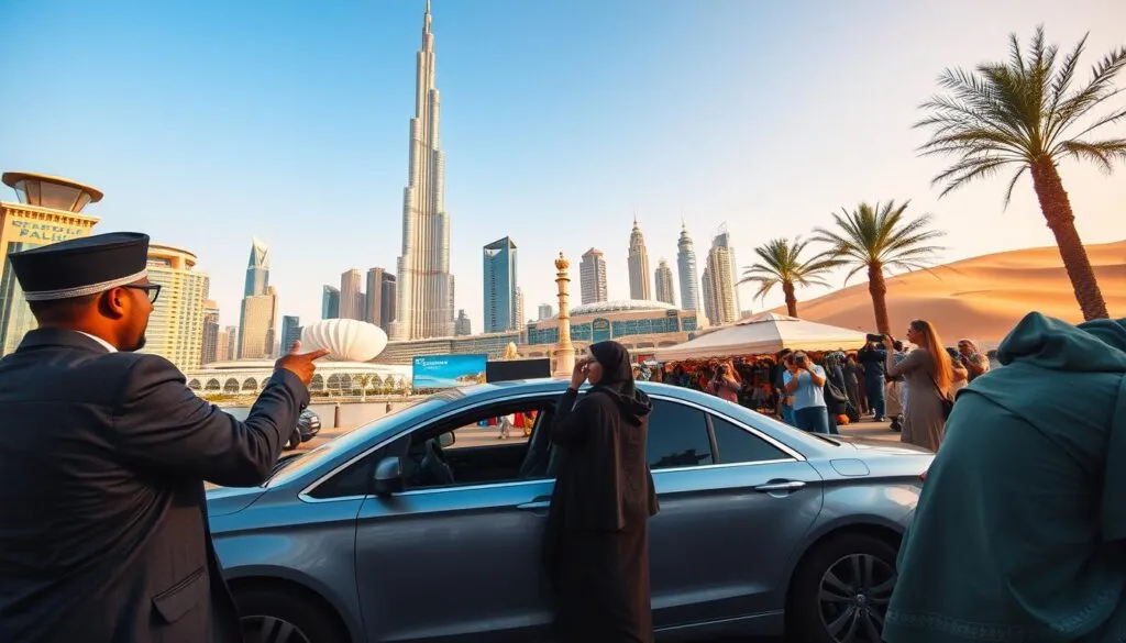 A stunning view of Dubai's iconic skyline featuring the Burj Khalifa reaching into a clear blue sky, surrounded by a mix of modern architecture and traditional elements. In the foreground, a well-dressed driver guide stands beside a luxurious car, gesturing toward popular attractions like the Dubai Mall and the Dubai Fountain. In the middle ground, a vibrant market scene showcases cultural elements, with tourists capturing moments on their cameras, dressed in casual but modest attire. The background captures the desert dunes under the golden sun, with hints of palm trees swaying gently. The image should convey a sense of adventure and exploration, with warm, inviting lighting and a wide-angle perspective to emphasize the grandeur of Dubai's marvels.