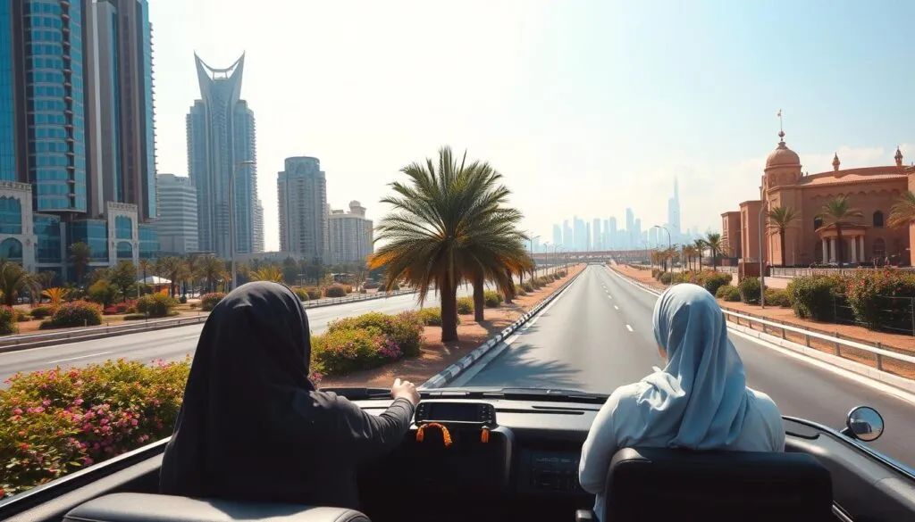 A scenic view of the Dubai to Sharjah route, showcasing a well-maintained highway flanked by modern skyscrapers and traditional Arabic architecture. In the foreground, a family in modest casual clothing enjoys the view from a comfortable car, highlighting the family travel theme. The middle ground features palm trees and flowering shrubs, adding a touch of greenery against the urban backdrop. The background exhibits a clear blue sky, with soft clouds and the distant silhouette of Sharjah’s skyline. The lighting is warm and inviting, reminiscent of golden hour, enhancing the tranquil and adventurous atmosphere. Use a wide-angle lens to capture the expanse of the landscape and provide depth, conveying an exciting yet approachable journey for families.
