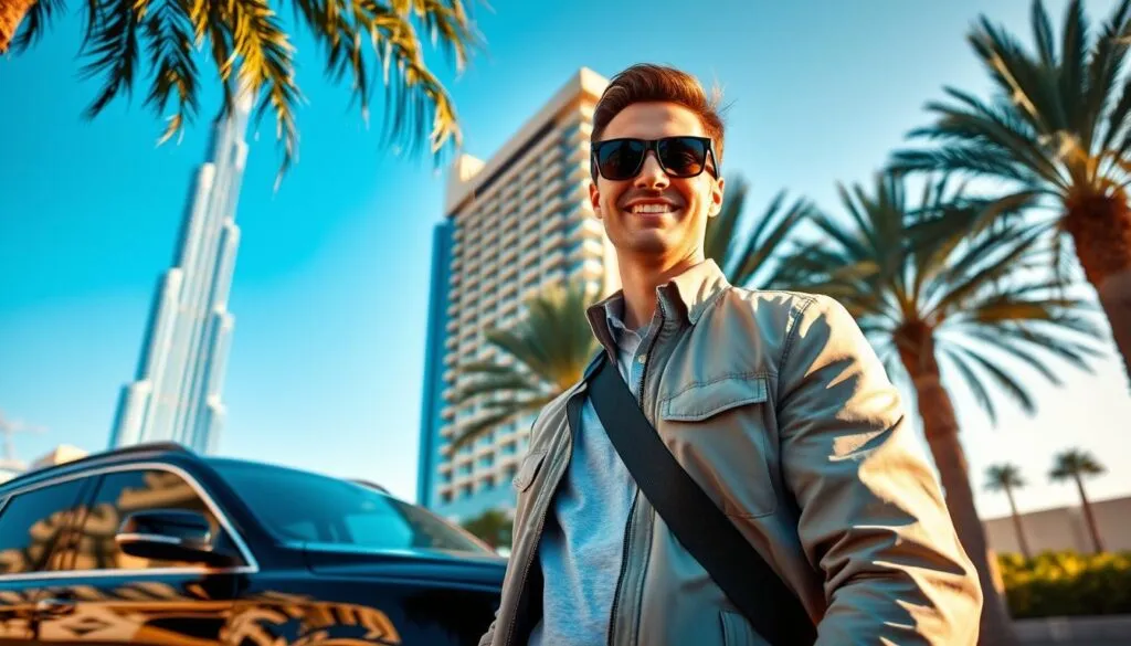A friendly tourist driver in Dubai, wearing a smart casual outfit with a light jacket and sunglasses, stands beside a sleek, modern SUV. In the foreground, the driver is smiling, exuding warmth and professionalism, ready to assist travelers. The middle ground features a beautifully designed hotel, showcasing Dubai's iconic architecture, while palm trees sway gently in the breeze. In the background, the Burj Khalifa rises majestically against a clear blue sky, highlighting Dubai's vibrant skyline. The scene is bathed in warm afternoon sunlight, creating a welcoming atmosphere. The angle is slightly low, emphasizing the grandeur of the buildings while keeping focus on the driver. The overall mood is cheerful and inviting, perfect for capturing the essence of tourism in Dubai.