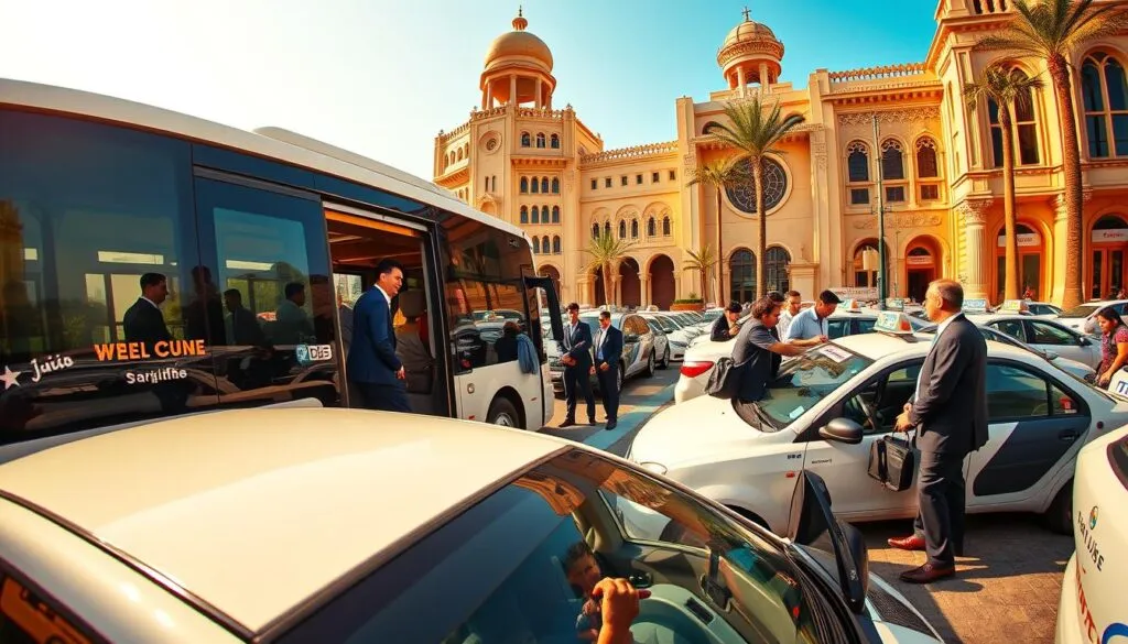 A bustling scene in Sharjah showcasing reliable transportation options. In the foreground, a modern, well-maintained bus is picking up passengers, its doors open wide. People, including professionals in business attire and families, are boarding with smiles on their faces, conveying a sense of community and safety. In the middle ground, a diverse range of taxis stand ready, some drivers discussing routes, others checking their vehicles. The background features iconic Sharjah architecture, blending traditional and modern designs. The scene is bathed in warm, golden sunlight, creating a welcoming atmosphere. A clear blue sky frames the image, and a slight fisheye lens effect captures the bustling energy of the moment. Overall, the image should evoke reliability, accessibility, and a vibrant urban environment. A bustling scene in Sharjah showcasing reliable transportation options. In the foreground, a modern, well-maintained bus is picking up passengers, its doors open wide. People, including professionals in business attire and families, are boarding with smiles on their faces, conveying a sense of community and safety. In the middle ground, a diverse range of taxis stand ready, some drivers discussing routes, others checking their vehicles. The background features iconic Sharjah architecture, blending traditional and modern designs. The scene is bathed in warm, golden sunlight, creating a welcoming atmosphere. A clear blue sky frames the image, and a slight fisheye lens effect captures the bustling energy of the moment. Overall, the image should evoke reliability, accessibility, and a vibrant urban environment.