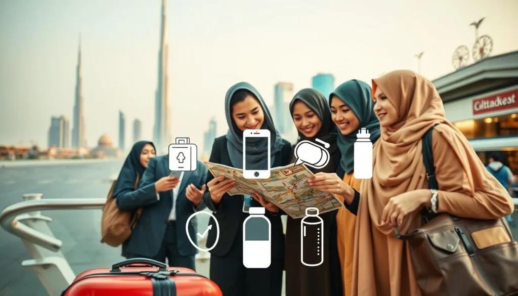 A visually engaging representation of travel safety tips in Dubai, with a foreground featuring a diverse group of travelers wearing professional and modest clothing, examining a map and sharing insightful dialogue. In the middle, include strategically placed icons representing safety measures such as a secure luggage tag, a phone with a navigation app, and a water bottle, symbolizing hydration and preparedness. The background should showcase famous Dubai landmarks like the Burj Khalifa and traditional markets. Use warm, inviting lighting to create a friendly atmosphere, captured from a slightly elevated angle to emphasize the action of planning and collaboration among the travelers. The overall mood should feel reassuring and encouraging, highlighting the importance of safe travel in a vibrant city. A visually engaging representation of travel safety tips in Dubai, with a foreground featuring a diverse group of travelers wearing professional and modest clothing, examining a map and sharing insightful dialogue. In the middle, include strategically placed icons representing safety measures such as a secure luggage tag, a phone with a navigation app, and a water bottle, symbolizing hydration and preparedness. The background should showcase famous Dubai landmarks like the Burj Khalifa and traditional markets. Use warm, inviting lighting to create a friendly atmosphere, captured from a slightly elevated angle to emphasize the action of planning and collaboration among the travelers. The overall mood should feel reassuring and encouraging, highlighting the importance of safe travel in a vibrant city.