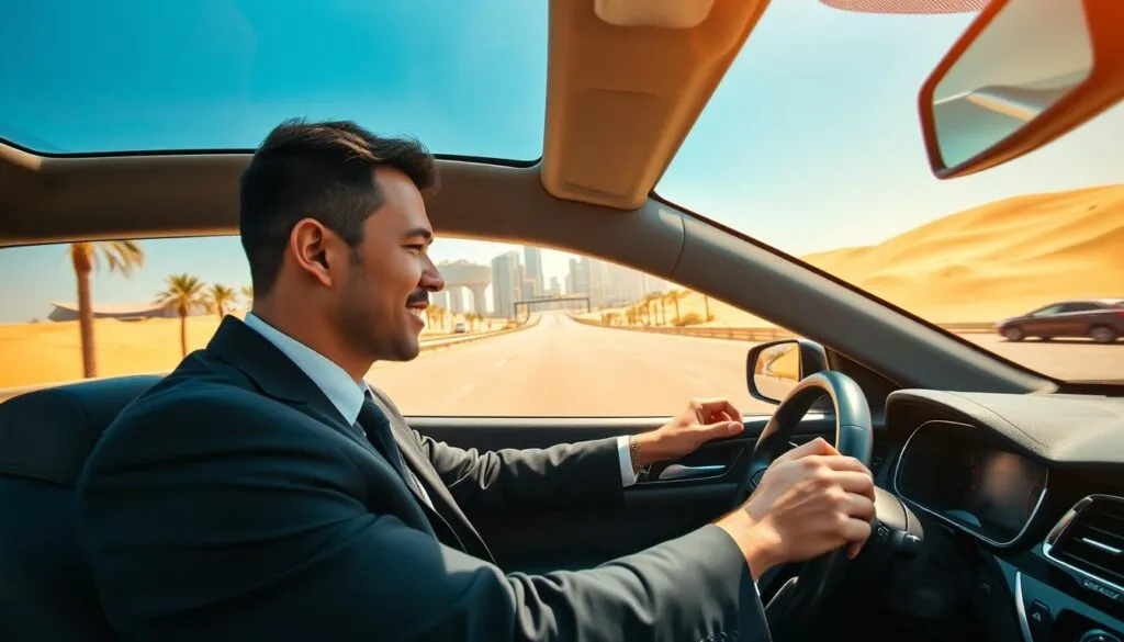 A professional driver in a smart business suit, sitting behind the wheel of a luxurious black sedan, beams with confidence as they navigate the stunning highway connecting Dubai to Abu Dhabi. In the foreground, the driver’s focused expression can be seen, showcasing professionalism and expertise. In the middle ground, the sleek car drives along a well-maintained road lined with palm trees and modern architecture. The backdrop features the iconic skyline of Dubai, with futuristic skyscrapers and desert dunes under a clear blue sky. The lighting is bright and warm, capturing the essence of a sunny day in the UAE. The overall mood is one of seamless travel and luxury, representing a top-notch driver service experience.