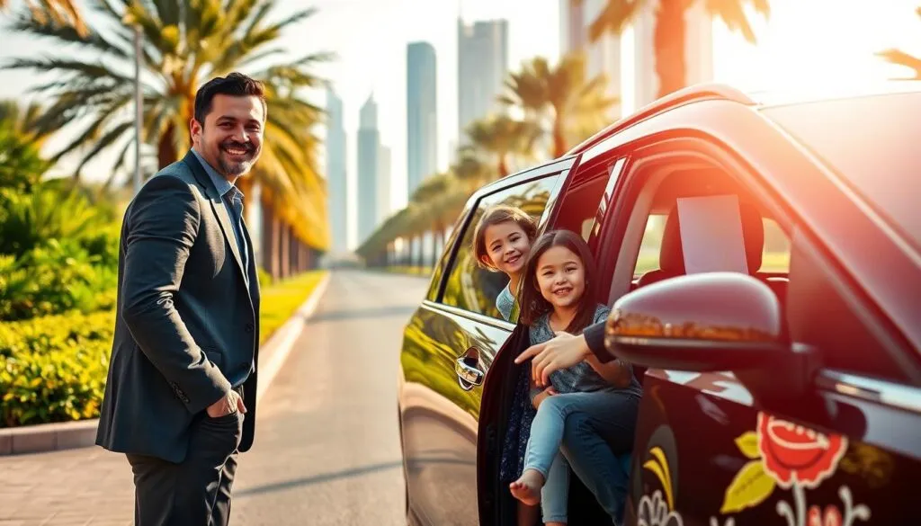 A modern family-friendly vehicle parked in a sunlit urban setting in the UAE, with a cheerful, professional driver wearing smart casual attire, ready to assist. In the foreground, the driver is smiling and opening the car door for a family with children, who look excited and comfortable, showcasing the concept of a reliable travel experience. The middle ground features vibrant greenery and palm trees typical of UAE landscapes, with a sunlit road reflecting the bright, welcoming atmosphere. In the background, iconic skyscrapers of Dubai can be seen, hinting at a bustling city life. Soft, warm lighting casts a friendly glow, enhancing the feeling of safety and reliability in this public space.