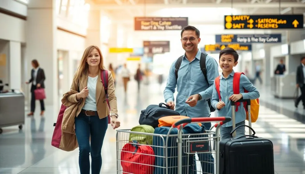 A family of four stands together at an airport terminal, exuding a sense of safety and preparedness. In the foreground, a mother and father, dressed in smart casual attire, hold hands with their two children, who carry colorful backpacks. The middle ground features a luggage cart filled with well-organized bags, emphasizing the importance of safe travel logistics. In the background, a busy airport scene unfolds with clear signs indicating safety protocols and a friendly staff member assisting travelers. Bright, natural lighting fills the space, creating an inviting atmosphere. The angle is slightly elevated, capturing the family in a candid moment of joy and relief as they navigate their airport experience. The mood reflects security and reliability, highlighting the commitment to family safety during travel.