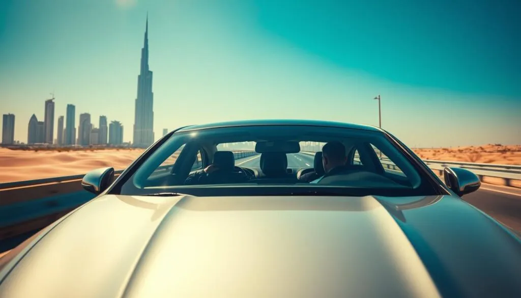 A sleek, modern executive vehicle driving along a well-maintained highway from Dubai to Sharjah, surrounded by iconic skyscrapers and desert landscapes. In the foreground, the car displays a polished finish, emphasizing luxury and professionalism. In the middle ground, the vivid skyline of Dubai transitions into the more traditional architecture of Sharjah, showcasing the contrast between modernity and heritage. The background features clear blue skies and distant dunes, suggesting an expansive journey. Warm, natural sunlight casts a golden hue, enhancing the image's upscale atmosphere. Professionals in smart business attire are seated inside the vehicle, engaged in conversation or reviewing documents, highlighting the essence of corporate travel. The overall mood is one of efficiency, reliability, and sophistication.