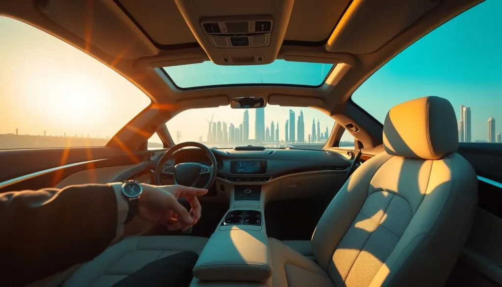A sleek and modern interior of a luxury car, designed to represent the concept of "Comfort Driver Dubai." The foreground features an elegantly dressed professional driver in modest business attire, providing a welcoming gesture. In the middle ground, show a spacious, plush passenger seat with high-end features like soft leather and ambient lighting, suggesting comfort and luxury. The background should showcase the iconic skyline of Dubai, with distinct futuristic architecture under a bright blue sky and the warm glow of late afternoon sunlight. The overall mood is inviting and sophisticated, evoking feelings of ease and relaxation associated with hassle-free travel. Use a slight wide-angle lens effect to capture the depth of the scene and enhance the luxurious atmosphere. A sleek and modern interior of a luxury car, designed to represent the concept of