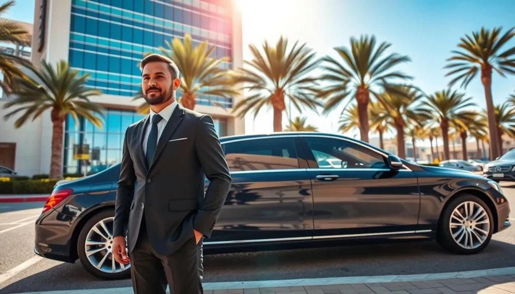 A luxurious executive transportation scene set in the vibrant streets of the UAE. In the foreground, a well-dressed professional driver in a tailored suit stands beside a sleek black luxury sedan, waiting at a designated drop-off area. The middle ground showcases a high-end corporate building with modern architecture, gleaming glass façades reflecting the bright sun. Palm trees and a clear blue sky frame the scene, suggesting an upscale environment. The lighting is bright and inviting, highlighting the polished surfaces of the car and the driver's professionalism. The image captures a sense of reliability, elegance, and sophistication, representing the premium service offered to executives in the UAE.