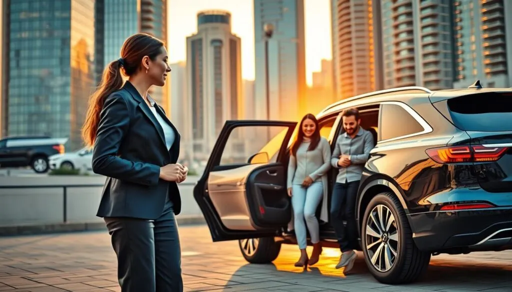A professional personal driver service scene set in a luxurious urban environment of the UAE. In the foreground, a well-dressed female driver in professional attire stands next to a sleek, high-end luxury SUV, holding the door open for a smiling family in modest, casual clothing. The middle layer features the family, comprising two parents and two children, who appear relaxed and happy, interacting as they prepare to enter the vehicle. In the background, a vibrant cityscape showcases modern skyscrapers bathed in warm, golden sunset light, casting soft reflections on the vehicle. The atmosphere conveys a sense of safety, reliability, and comfort, with a slight lens blur to emphasize the subjects in focus. The overall mood is welcoming and professional, perfect for illustrating the importance of personal driver services for families.