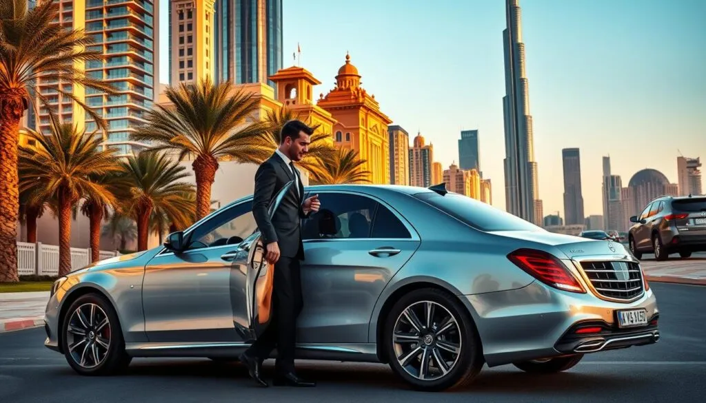 A luxurious chauffeur-driven sedan parked elegantly against the backdrop of Dubai's iconic skyline, showcasing modern skyscrapers and traditional architecture bathed in golden sunlight. In the foreground, a professionally attired chauffeur stands at the driver's door, ready to assist a well-dressed passenger who is stepping out of the vehicle, embodying sophistication and comfort. The middle ground captures a sleek road lined with palm trees, enhancing the lavish atmosphere. The background features the Burj Khalifa and other architectural landmarks, skillfully blending the allure of modernity with cultural richness. The lighting is warm and inviting, with a soft sunset glow highlighting the opulence of luxury transportation in the UAE, evoking a sense of exclusivity and indulgence.
