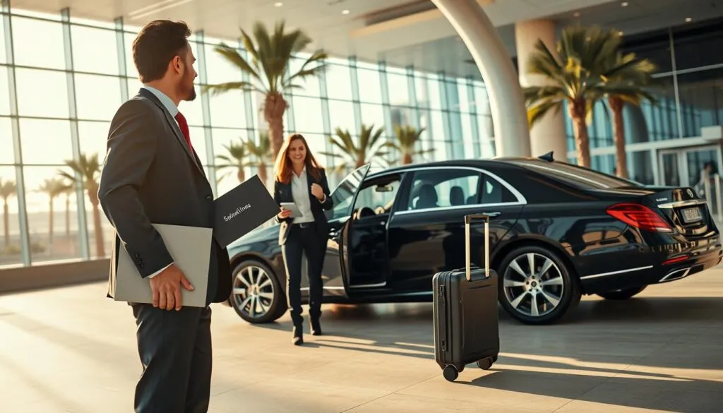 A modern, luxurious airport transfer scene in Dubai. In the foreground, a professional, punctual driver in a suit stands beside a sleek black luxury sedan, holding a sign with a guest's name. In the middle ground, a traveler, dressed in smart casual attire, appears relieved and ready to embark, rolling a suitcase beside them. The background showcases the iconic Dubai airport terminal, with its glass architecture reflecting bright sunlight and palm trees swaying gently. The lighting is warm and inviting, creating a sense of comfort and reliability. The angle captures both the car and the airport, emphasizing the seamless connection between the driver and the travel experience, fostering a mood of trust and professionalism.