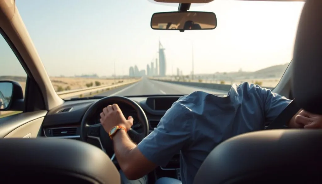 A serene highway scene showcasing the importance of safe driving between Dubai and Sharjah. In the foreground, a focused, professional driver in modest casual attire, adjusting their seatbelt, embodies responsible driving behavior. The middle ground features a well-maintained car with clearly visible safety features, while also displaying the picturesque desert landscape typical of the region. In the background, iconic Dubai landmarks are subtly visible under a bright, clear sky, emphasizing destination safety. Soft, natural lighting creates a welcoming atmosphere, and the camera angle is slightly tilted to give a dynamic perspective of the road ahead. The overall mood is attentive and inspiring, emphasizing the significance of being a safe driver.