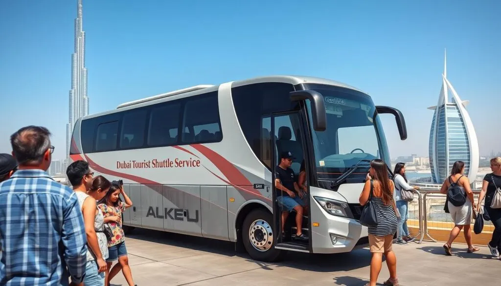 A modern Dubai Tourist Shuttle Service bus parked at a scenic viewpoint, surrounded by tourists exploring the area. In the foreground, display a diverse group of travelers, including a family and friends, dressed in casual attire suitable for sightseeing, taking photos and enjoying the view. The middle ground features the sleek, well-designed shuttle bus, showcasing its contemporary exterior and comfortable seating. In the background, highlight iconic Dubai landmarks like the Burj Khalifa and Burj Al Arab, under a clear blue sky. The lighting is bright and sunny, giving the scene a vibrant and inviting atmosphere, captured from a slight low angle to emphasize the bus and landmarks. A modern Dubai Tourist Shuttle Service bus parked at a scenic viewpoint, surrounded by tourists exploring the area. In the foreground, display a diverse group of travelers, including a family and friends, dressed in casual attire suitable for sightseeing, taking photos and enjoying the view. The middle ground features the sleek, well-designed shuttle bus, showcasing its contemporary exterior and comfortable seating. In the background, highlight iconic Dubai landmarks like the Burj Khalifa and Burj Al Arab, under a clear blue sky. The lighting is bright and sunny, giving the scene a vibrant and inviting atmosphere, captured from a slight low angle to emphasize the bus and landmarks.