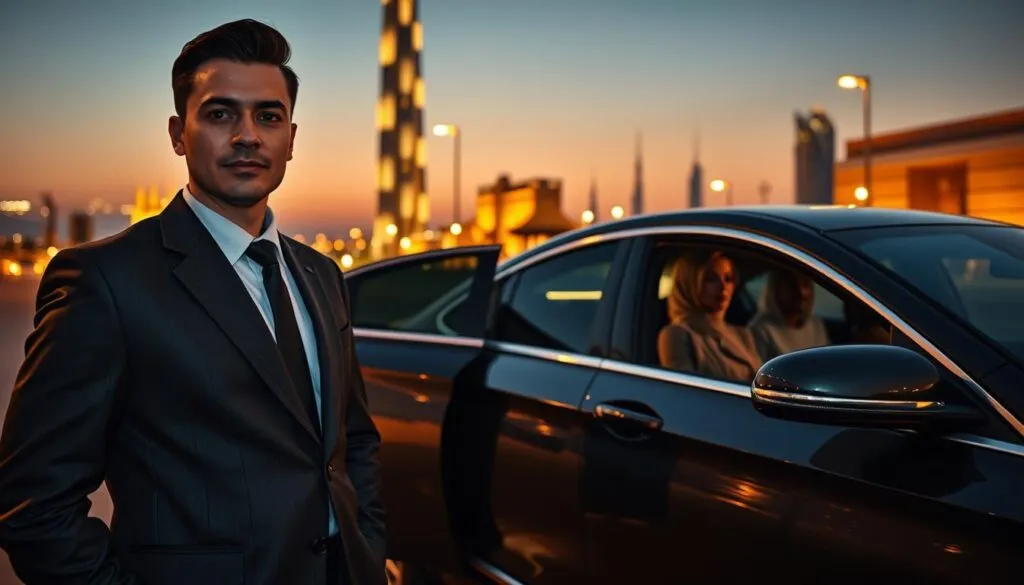 A sleek, modern scene illustrating a designated driver service in Dubai. In the foreground, a professional driver wearing a smart, tailored uniform stands confidently next to a luxurious car. The car gleams under the warm glow of evening lights, capturing the high-end feel of Dubai. In the middle ground, a stylish couple dressed in smart casual attire is seen entering the vehicle, exuding an air of sophistication. The background showcases iconic Dubai architecture, such as the Burj Khalifa, with its stunning silhouette against a twilight sky. The mood is polished and inviting, emphasizing safety and reliability. Soft, ambient lighting enhances the atmosphere, creating a sense of luxury and professionalism. The angle is slightly elevated, providing a dynamic view of the scene.