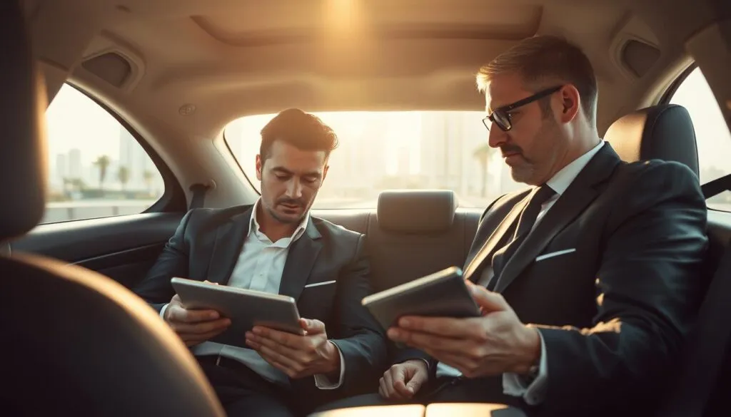 An executive working in a spacious, luxurious backseat of a sleek black sedan, deep in thought while analyzing documents on a tablet. The chauffeur, dressed in a sharp, professional uniform, is focused on the road ahead, showcasing reliability and professionalism. Through the window, a cityscape of Dubai with its iconic skyline, palm trees, and vibrant atmosphere forms the background. Gentle sunlight filters through the tinted windows, creating a warm and inviting ambiance. The scene captures the essence of comfort, efficiency, and exclusivity, emphasizing the benefits of having a personal driver. The image should convey a sense of trust and capability, highlighting the seamless experience of executives on the go.