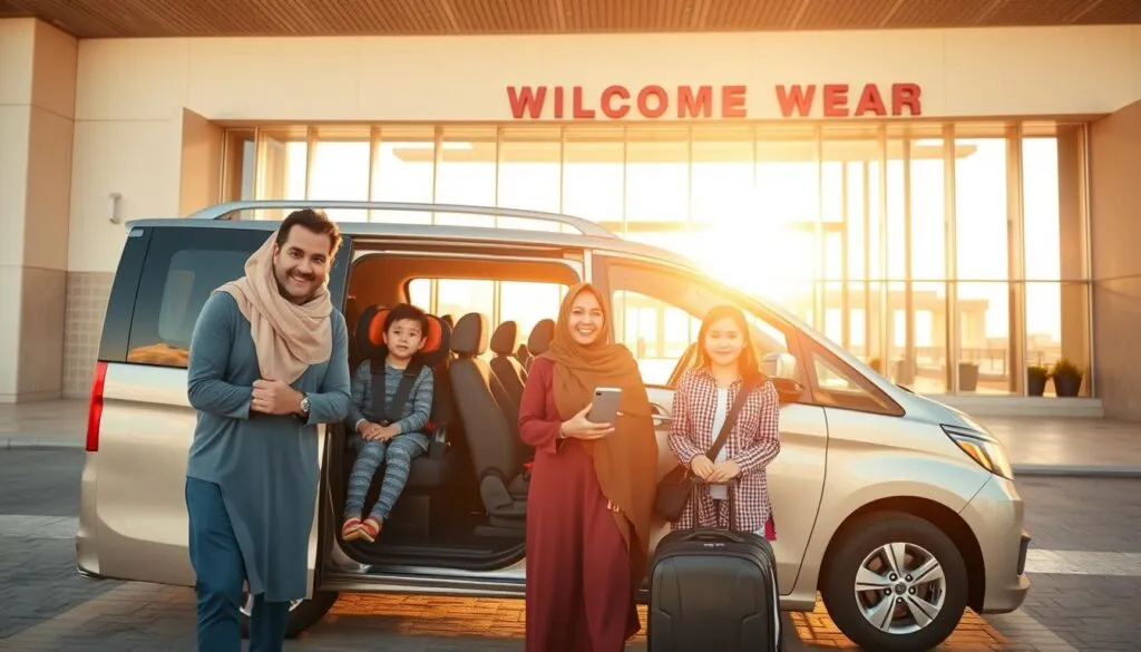 A cozy family-friendly airport transportation scene, featuring a modern minivan parked in front of a bright, welcoming airport terminal in the UAE. In the foreground, a happy family of four dressed in modest casual clothing, with two children safely buckled in car seats. The middle includes the minivan's open sliding door with luggage neatly organized in the back. In the background, the airport terminal showcases an inviting entrance with large glass windows reflecting the bright desert sun. The lighting is warm and soft, suggesting early morning or late afternoon. The atmosphere feels safe, friendly, and accommodating, capturing the essence of reliable airport transfers for families. Shot at eye level with a wide-angle lens to capture both the vehicle and the lively terminal setting.