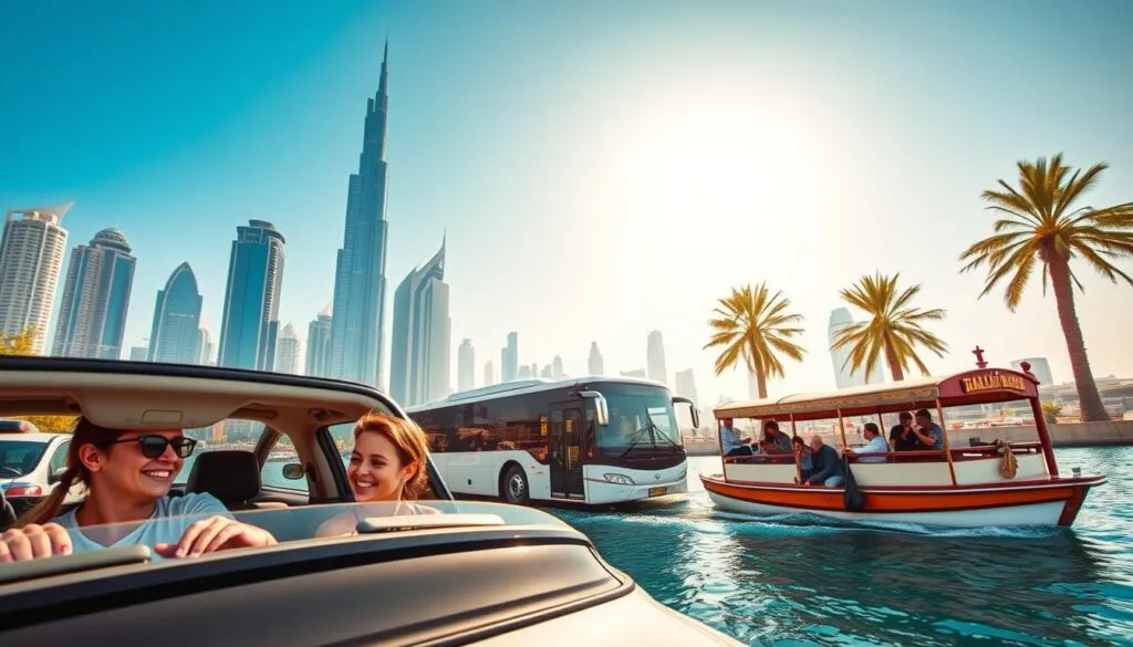 A vibrant scene showcasing various transportation options between Dubai and Sharjah. In the foreground, a family enjoys a ride in a modern, family-friendly car, smiling and engaging with each other. The middle ground features a sleek bus with passengers boarding, and a traditional Abra boat navigating the creek, highlighting cultural transport. In the background, iconic Dubai skyscrapers and the Sharjah skyline rise against a clear blue sky, with palm trees swaying gently. The lighting is bright and warm, evoking a sunny day perfect for travel. The image should convey a sense of adventure, convenience, and a family-friendly atmosphere, captured with a wide-angle lens to emphasize the bustling transport scene.