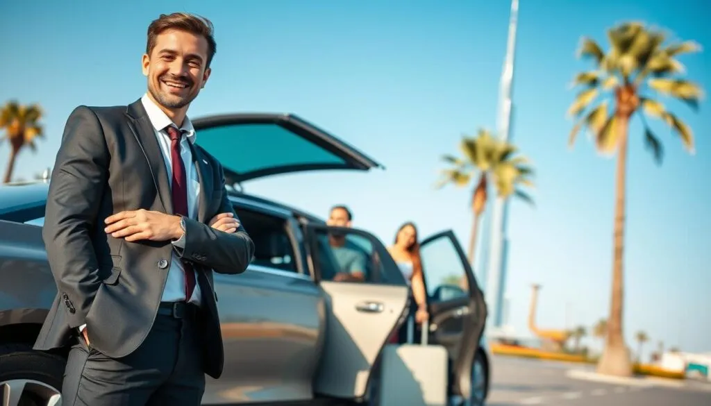 A luxurious scene depicting the benefits of hiring a personal driver in the UAE. In the foreground, a well-dressed professional driver stands beside a sleek, high-end sedan, offering a warm and welcoming smile. The middle ground features a family of tourists, dressed casually yet stylishly, comfortably entering the vehicle with luggage. In the background, iconic UAE landmarks like the Burj Khalifa and palm trees are subtly visible against a bright blue sky. Soft, natural lighting highlights the professionalism of the driver and the happiness of the tourists, conveying a sense of reliability and ease. The overall mood is inviting and sophisticated, emphasizing comfort and convenience in travel. The image captures a scene of harmonious interaction, suggesting a stress-free travel experience in the UAE.