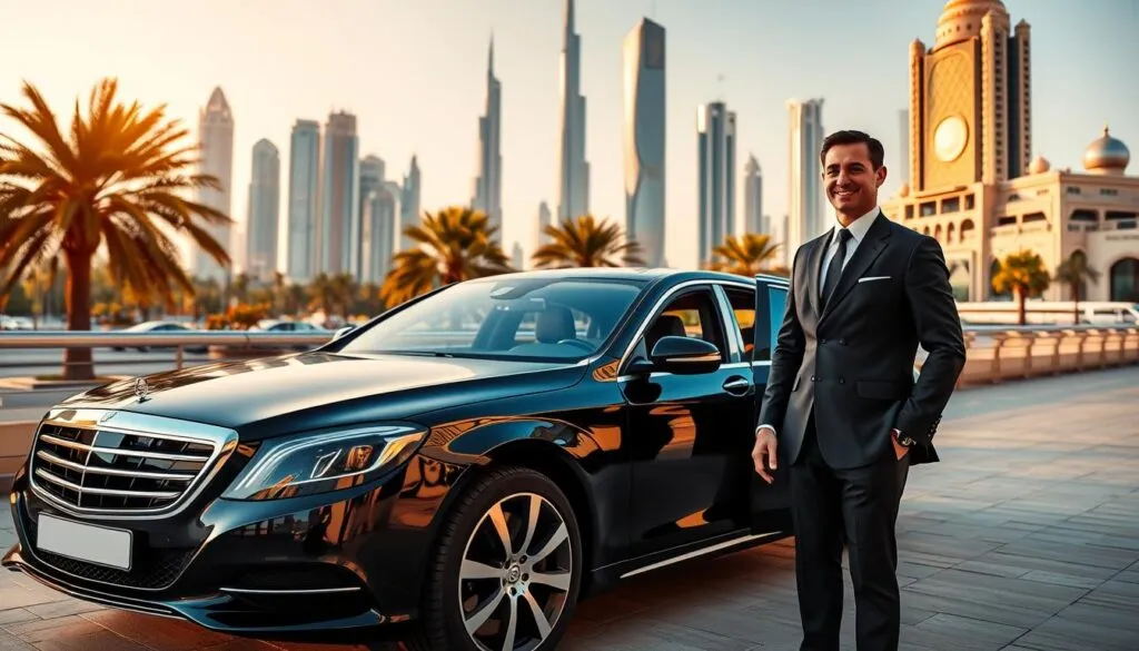 A luxurious chauffeur service in the UAE, featuring a sleek black luxury sedan parked elegantly in a modern urban setting. In the foreground, a professional chauffeur in a smart black suit stands by the car door, ready to assist, with a polite smile and a welcoming posture. The middle ground showcases the vibrant Dubai skyline, with iconic skyscrapers and palm trees basking in the warm golden sunlight, reflecting the opulence of the city. In the background, hints of Sharjah's architecture can be seen, blending traditional and contemporary styles. Soft, warm lighting enhances the inviting atmosphere, creating a sense of comfort and sophistication. Capture the scene from a slightly elevated angle, offering a panoramic view that evokes a feeling of premium service and luxury travel.