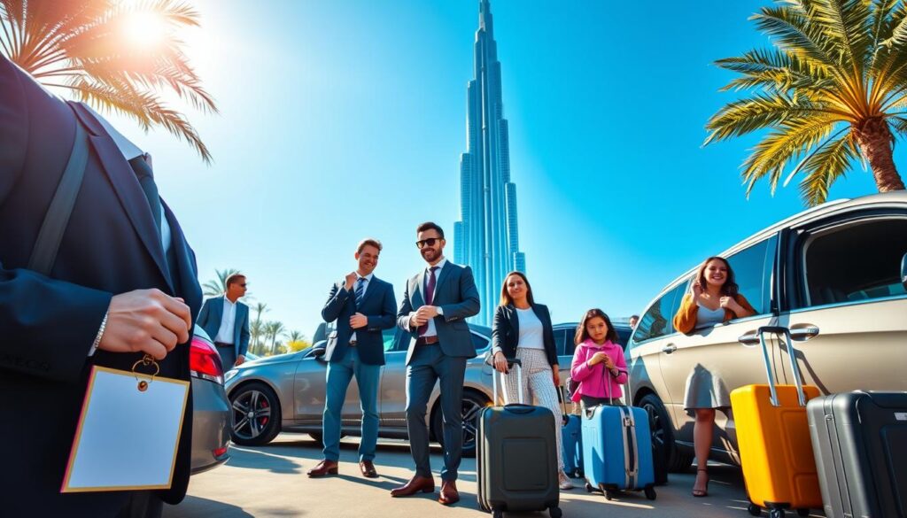 A bustling Dubai airport pickup scene, showcasing a diverse group of travelers in professional business attire waiting near a modern luxury vehicle. In the foreground, a friendly chauffeur holding a sign stands with a welcoming smile. The middle ground features several passengers, including a businessman checking his watch and a family with children looking cheerful, all surrounded by luggage. In the background, the iconic silhouette of the Burj Khalifa can be seen against a bright blue sky, with palm trees framing the scene. The lighting is bright and inviting, capturing the sunny atmosphere of Dubai. The angle is eye-level, providing a clear and engaging perspective to emphasize the seamless travel experience offered by airport pickup services.