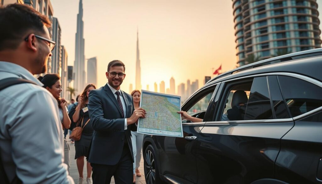 A bustling Dubai street scene featuring professional tourist drivers in smart, business attire assisting enthusiastic tourists. In the foreground, a friendly driver interacts with a diverse group of tourists, showcasing a map of the city, while a luxurious SUV is parked nearby. In the middle, iconic Dubai landmarks like the Burj Khalifa and the Dubai Mall frame the scene, hinting at exciting destinations. The background features a vibrant skyline under a warm, golden sunset, casting soft, inviting light on the entire scene. The mood is lively and welcoming, promoting the ease and convenience of hiring a tourist driver. Use a wide-angle lens to capture the busy atmosphere and depth of the urban setting, ensuring clarity and detail in the interactions.
