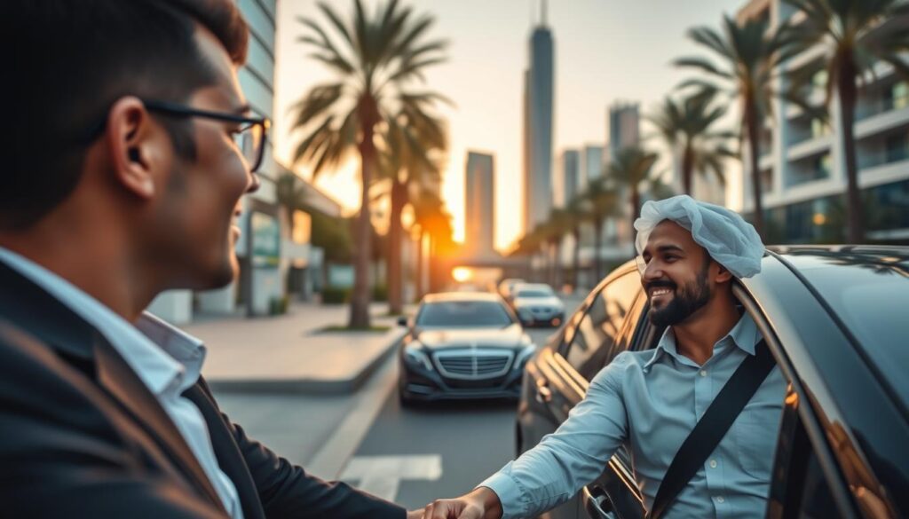 A bustling urban street scene in Motor City, Dubai, featuring a diverse group of experienced drivers in professional business attire, showcasing their dedication to safe driving. In the foreground, two drivers are engaged in a friendly discussion, their faces showing confidence and professionalism. The middle ground displays a luxury vehicle parked nearby, reflecting the city's modern architecture, with well-maintained roads and palm trees lining the street. In the background, the iconic skyline of Dubai glistens under a warm sunset, casting a golden hue over the scene. Soft, diffused lighting enhances the approachable atmosphere, while a slight depth of field highlights the drivers, adding focus to their expertise and reliability. The overall mood is one of trust and safety in driving services.