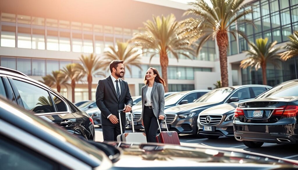 A busy airport drop-off area in Dubai during daylight, showcasing a modern terminal with sleek architecture in the background. In the foreground, a professional driver in a business suit assists a traveler with luggage, both smiling as they interact. The traveler is dressed in smart casual attire, ready for their journey. Elegant cars line the drop-off zone, with palm trees swaying gently in the breeze. Bright sunlight filters through the terminal's glass facade, creating a vibrant and welcoming atmosphere. Capture the scene from a slightly elevated angle to provide a clear view of the drop-off activity while highlighting the architectural beauty of the airport in the background. The overall mood is efficient, friendly, and reflective of Dubai's cosmopolitan charm. A busy airport drop-off area in Dubai during daylight, showcasing a modern terminal with sleek architecture in the background. In the foreground, a professional driver in a business suit assists a traveler with luggage, both smiling as they interact. The traveler is dressed in smart casual attire, ready for their journey. Elegant cars line the drop-off zone, with palm trees swaying gently in the breeze. Bright sunlight filters through the terminal's glass facade, creating a vibrant and welcoming atmosphere. Capture the scene from a slightly elevated angle to provide a clear view of the drop-off activity while highlighting the architectural beauty of the airport in the background. The overall mood is efficient, friendly, and reflective of Dubai's cosmopolitan charm.