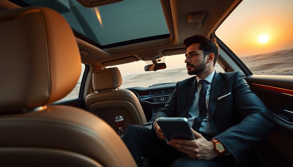 A cozy interior of a luxury vehicle, showcasing an elegant driver’s seat with soft leather upholstery and plush, inviting textures. In the foreground, a professional male driver in a smart business suit, attentively watching the road, embodies confidence and comfort. The middle ground features a spacious cabin with ambient lighting that highlights the serene environment, along with refreshments and a tablet displaying a navigation app. The background reveals a scenic view of the UAE's arid landscape, with distant sand dunes and a setting sun casting a warm golden glow across the horizon. The overall mood is relaxed and sophisticated, emphasizing the high level of comfort and professionalism in long-distance driver services, captured from a slight angle that invites the viewer into this luxurious experience. A cozy interior of a luxury vehicle, showcasing an elegant driver’s seat with soft leather upholstery and plush, inviting textures. In the foreground, a professional male driver in a smart business suit, attentively watching the road, embodies confidence and comfort. The middle ground features a spacious cabin with ambient lighting that highlights the serene environment, along with refreshments and a tablet displaying a navigation app. The background reveals a scenic view of the UAE's arid landscape, with distant sand dunes and a setting sun casting a warm golden glow across the horizon. The overall mood is relaxed and sophisticated, emphasizing the high level of comfort and professionalism in long-distance driver services, captured from a slight angle that invites the viewer into this luxurious experience.
