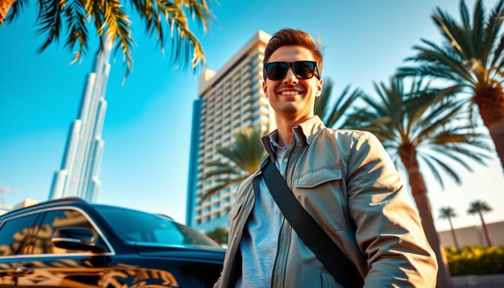 A friendly tourist driver in Dubai, wearing a smart casual outfit with a light jacket and sunglasses, stands beside a sleek, modern SUV. In the foreground, the driver is smiling, exuding warmth and professionalism, ready to assist travelers. The middle ground features a beautifully designed hotel, showcasing Dubai's iconic architecture, while palm trees sway gently in the breeze. In the background, the Burj Khalifa rises majestically against a clear blue sky, highlighting Dubai's vibrant skyline. The scene is bathed in warm afternoon sunlight, creating a welcoming atmosphere. The angle is slightly low, emphasizing the grandeur of the buildings while keeping focus on the driver. The overall mood is cheerful and inviting, perfect for capturing the essence of tourism in Dubai.