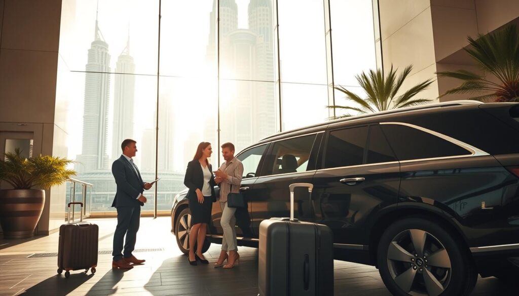 A luxurious Dubai airport transfer scene, showcasing a stylish, black luxury SUV parked outside a modern hotel entrance. In the foreground, a professional driver in business attire stands by the vehicle, ready to assist a family of four, dressed in smart casual clothing, with their luggage. In the middle, the hotel lobby exudes elegance with large glass doors, welcoming sunlight that casts soft shadows. The background features iconic Dubai skyscrapers and palm trees, emphasizing the city's vibrant atmosphere. The lighting is bright and inviting, capturing the morning sun. The overall mood conveys comfort, reliability, and affluence, ideally suited for hotel airport transfer services.