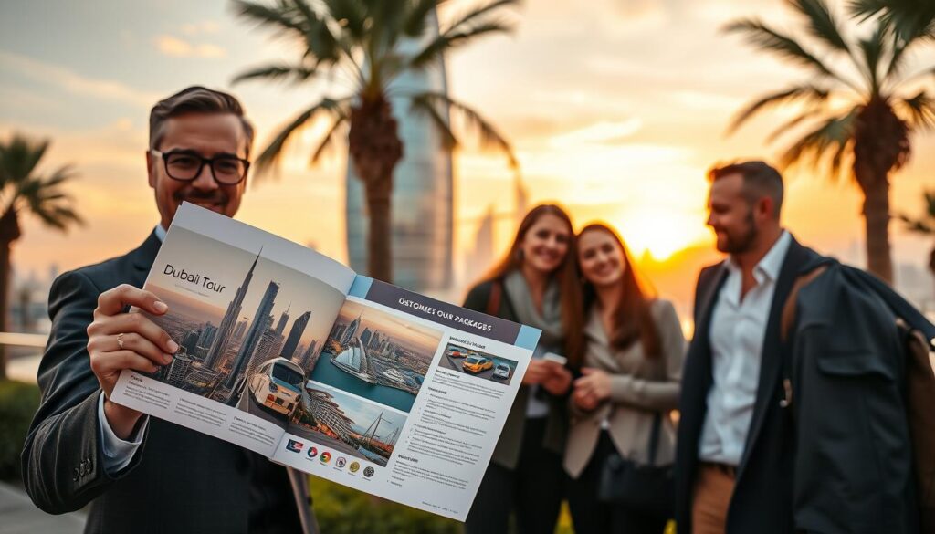 A luxurious Dubai vacation setup, featuring an elegant outdoor scene. In the foreground, a stylish travel agent presents a detailed brochure of customized Dubai tour packages, showcasing iconic landmarks like the Burj Khalifa and the Dubai Marina. The agent is dressed in professional business attire, conveying expertise. In the middle ground, a diverse group of happy travelers, dressed in modest casual clothing, engages in conversation about their dream trip. The background reveals a stunning sunset over Dubai's skyline, with warm golden tones and soft pink hues filling the sky. Use a wide-angle lens to capture the vibrancy of the scene, with soft natural lighting to enhance the welcoming atmosphere, evoking a sense of adventure and luxury.